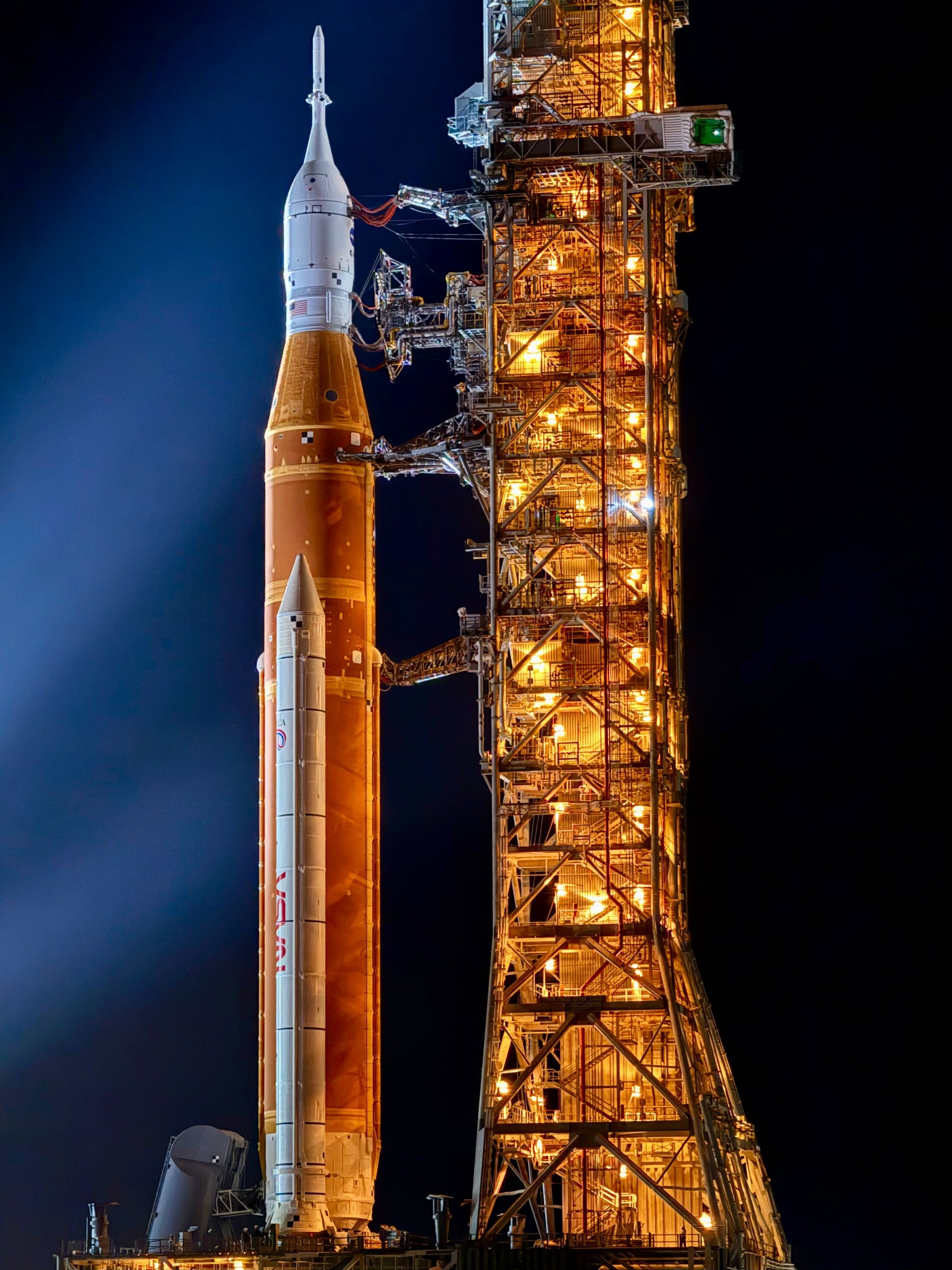NASA’s Artemis II SLS rocket photographed 2 hours into its 12 hour journey to the launch pad on March 20th, 2026. Photo Credit: Andrew Javor/Florida Spaceflight