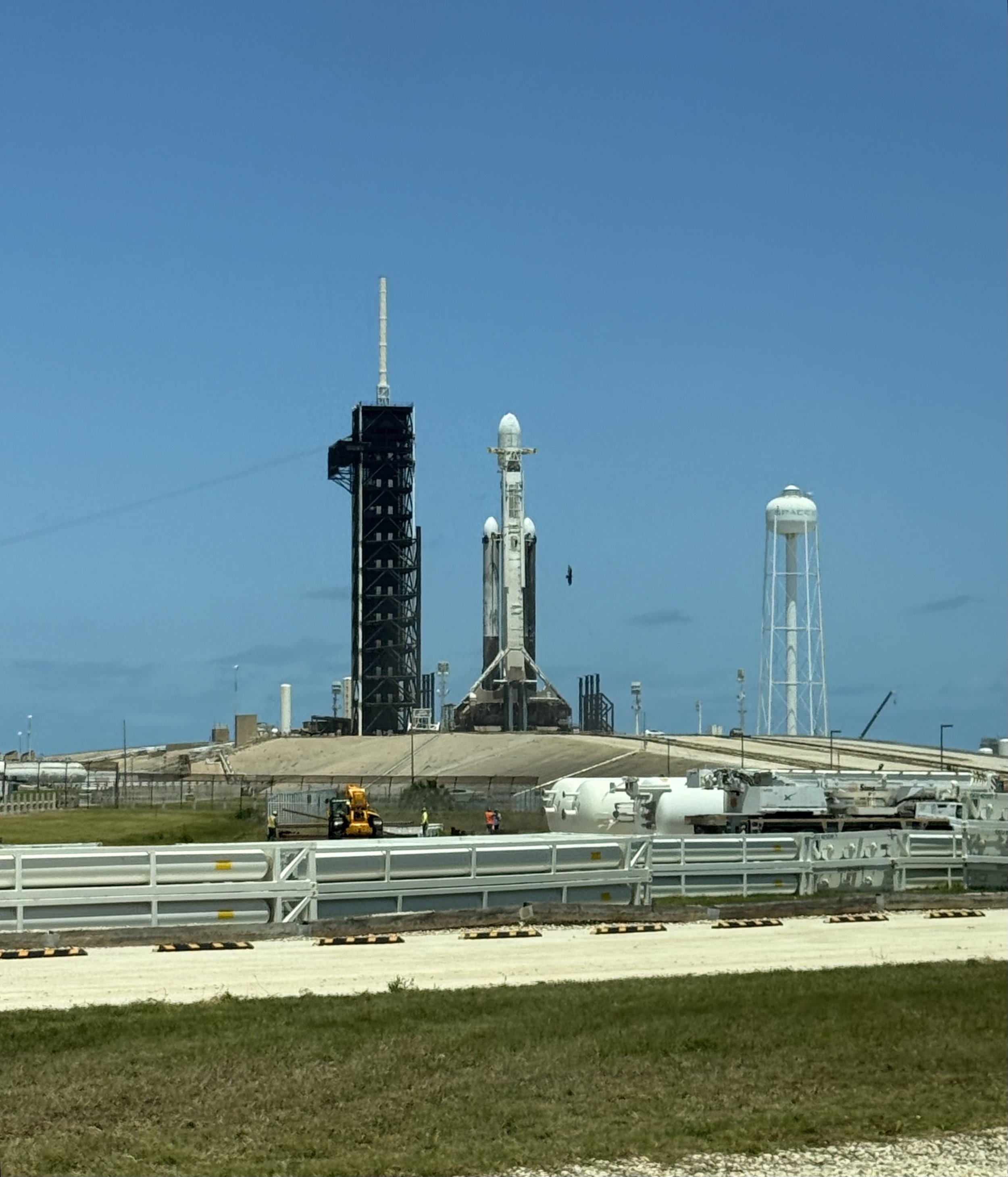 Falcon Heavy stands poised on Launch Complex 39A at Kennedy Space Center ahead of the ViaSat-3 F3 mission, as SpaceX teams prepare for a weather-delayed launch attempt targeting April 29, 2026. Photo: Andrew Javor/Florida Spaceflight