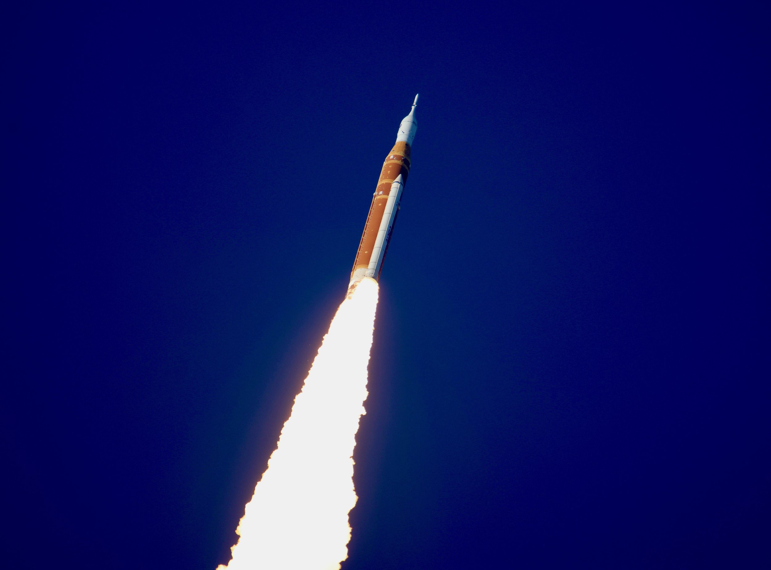Artemis II in flight after lifting off from Launch Complex 39-B. Photo Credit: Andrew Javor/Florida Spaceflight