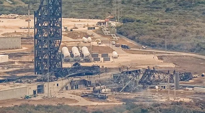 Significant damage seen the morning after the New Glenn rocket explosion.